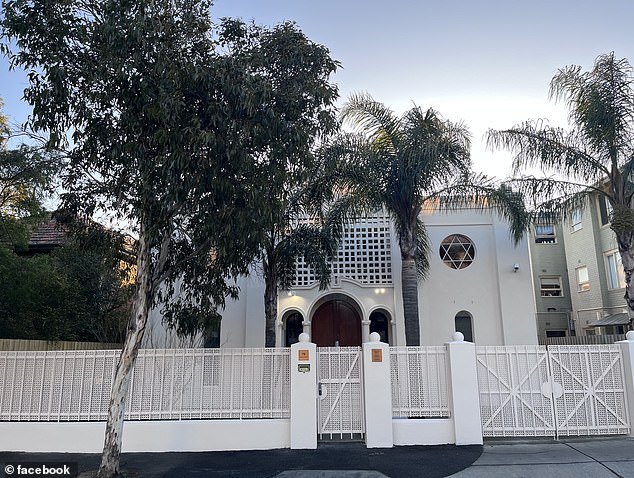 The Jewish father pushed him with a pram onto the sidewalk at the Sassoon Yehuda Sefardi Synagogue (pictured) in St Kilda East in Melbourne's south-east.