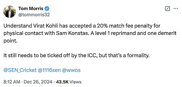 Journalist Tom Morris stated that Virat Kohli had accepted a 20 percent fine for match costs