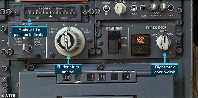 The cockpit door switch controls and rudder trim controls are similar and located close together on the cockpit aisle stand panel, between two seats (photo)