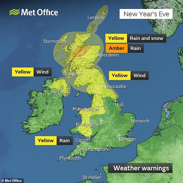 The Met Office predicts heavy rain and strong winds in parts of Scotland, Northern Ireland and northern England, plus some snow in parts of Scotland