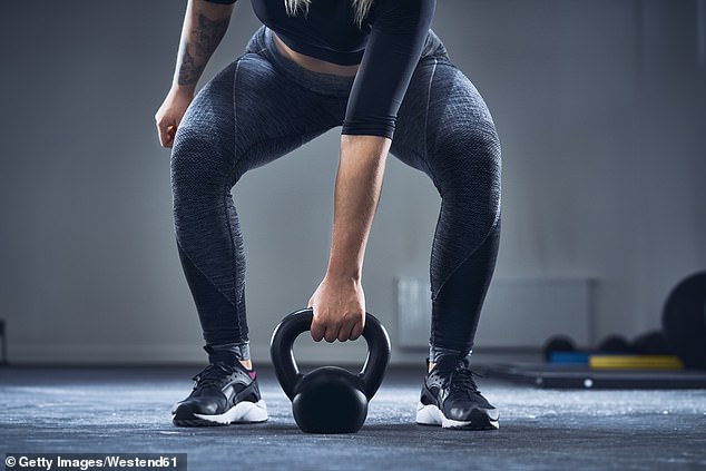 Lifting weights three times a week can reduce a person's biological age by almost eight years, a study suggests (stock image)