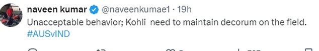 This supporter branded Kohli's aggressive behavior as 'unacceptable behaviour' and stressed that he must 'maintain decorum on the field'.