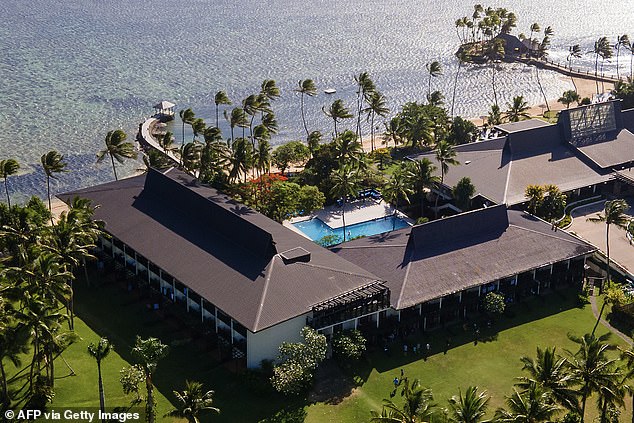 Seven guests, including four Australians, were hospitalized on Saturday evening after drinking cocktails at the pool at the Warwick Fiji resort (pictured) in the south of Fiji's main island