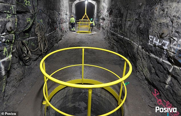 The containers are lowered into a vertical borehole in the repository's disposal tunnels, which have approximately 30 to 40 holes.