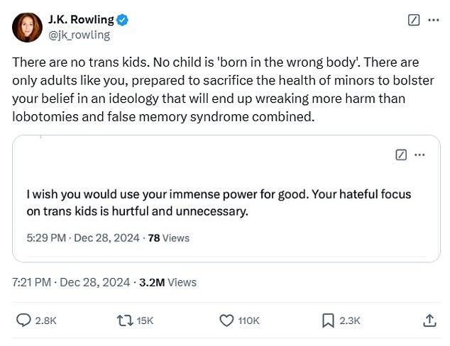 Rowling, in response to a critic, commented that there are 'no trans children' and 'no child is' "born in the wrong body"'