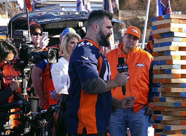 Jason Kelce wore a Denver Broncos jersey for the tailgate before Monday Night Football