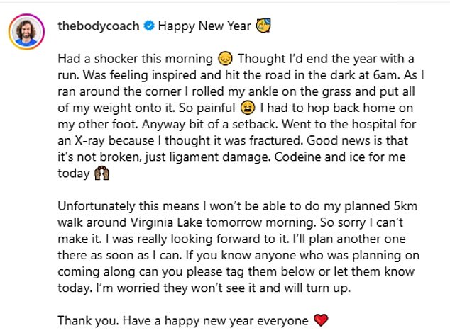 He shared this lengthy message alongside a photo of himself on crutches