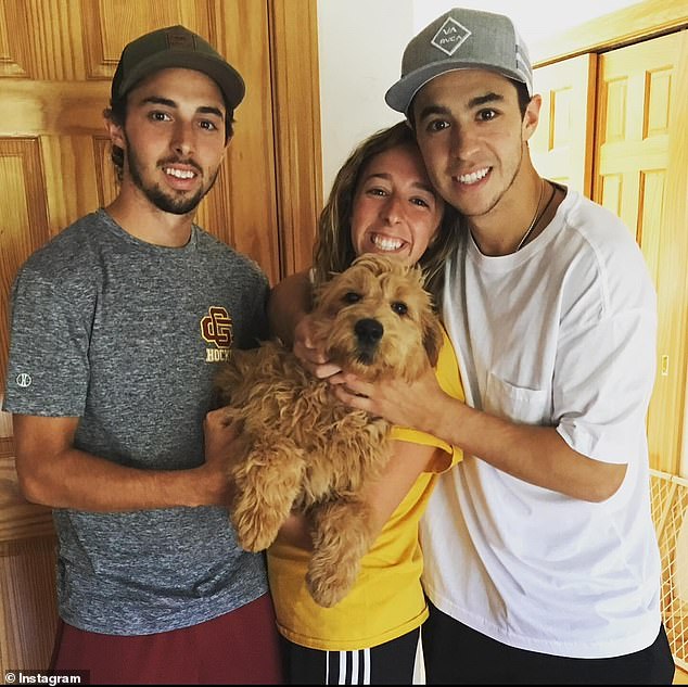 Johnny (right) and Matthew (left) are seen with their sister, Katie, who postponed her wedding after their deaths. Katie was also in Calgary for the ceremony on Tuesday