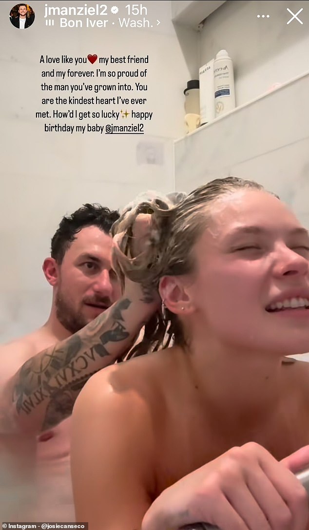 Johnny Manziel washes his girlfriend's hair in a steamy bath video posted to social media