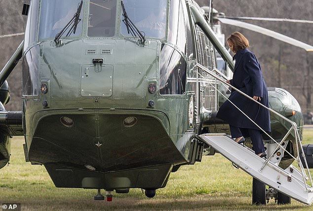 Vice President Kamala Harris boards the Marine Two Helicopter to deliver a speech to young people