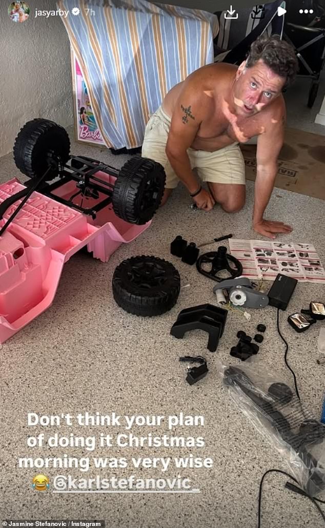 She posted a photo of a stressed-looking Karl trying to put together a pink Barbie car for Harper, because he made a rookie mistake and didn't put it together until Christmas morning.