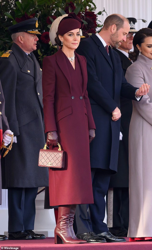 The Princess of Wales made a smart fashion swap yesterday as she attended the ceremonial welcoming of the state visit to Qatar in London