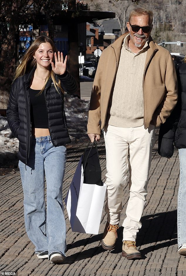 The 69-year-old Yellowstone star looked stylish in a cream sweater, pants and tan jacket as he spent time with his 14-year-old and her friends