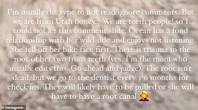 Lala explained that her daughter damaged her teeth after initially falling off a bicycle, noting that she may need a root canal