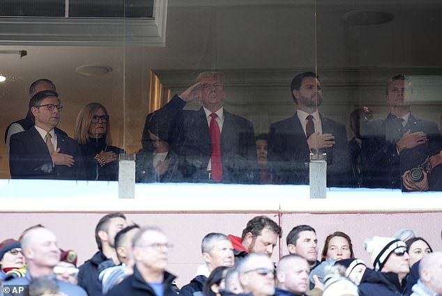 Hegseth (far right) with President-elect Trump, Vice President-elect Vance and Chairman Mike Johnson during the Army-Navy game on December 14