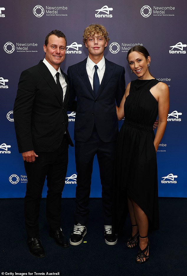 Tennis power couple Lleyton, 43, and Bec Hewitt, 41, were every bit the proud parents on Monday as they stepped out to support their only son Cruz, 16, in his latest sporting achievement. All depicted