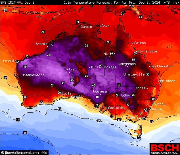 The extreme heat over north-west and central Australia will see temperatures rise above 40 degrees Celsius