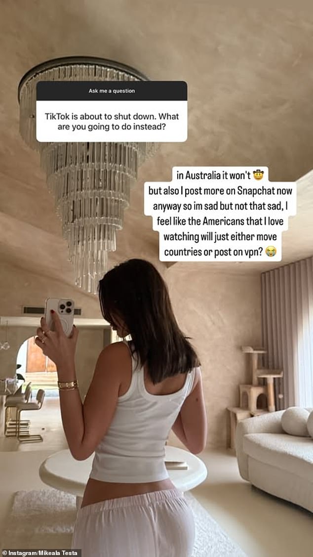 In another Instagram story, she shared a photo of herself in her living room with an elaborate chandelier when asked about the possible shutdown of TikTok in the US. She claimed the content-sharing app won't be banned in Australia, and that she's started using Snapchat more lately anyway