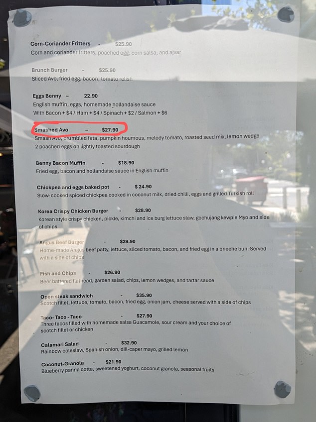 A cafe has sparked outrage over the incredible prices it charges for its smashed avocado on toast meals that cost $27.90