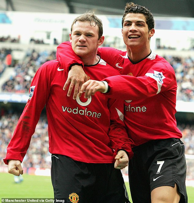 Man United legend Wayne Rooney, pictured (left) celebrating a goal with Cristiano Ronaldo in 2005, is the only other player in Premier League history to match Salah's feat