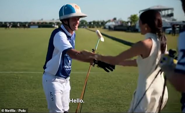 Pictured: Polo player Adolfo Cambiaso – who was part of Prince Harry's Royal Salute team – goes to shake hands with Meghan Markle after the team won the Royal Salute Polo Challenge