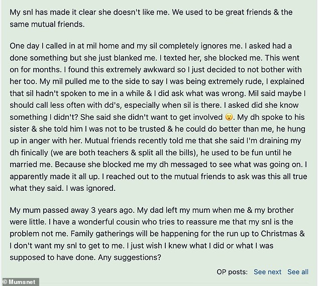 On the parenting platform, the English mother of two revealed that she was good friends with her husband's sister, but one day her in-laws started ignoring her and even blocked messaging without any explanation.