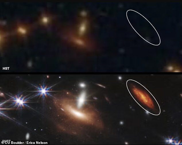 Above, two images of the same region of space show how the 'UFO galaxies' evaded detection by previous telescopes. The top image, taken by the Hubble Space Telescope, failed to detect the infrared heat signal that the James Webb Space Telescope image below it picked up