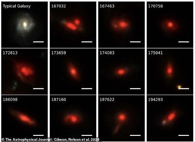 Above, more examples of the 56 known UFO galaxies, with one relatively 'dust-free' galaxy at the top left, published by the researchers for comparison