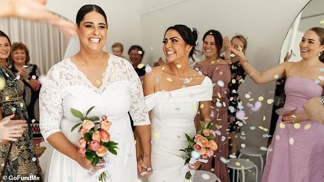 She had been married just a week when she suffered catastrophic injuries in a riding mower accident. Mrs Pascoe is pictured with her wife Stephanie at their wedding