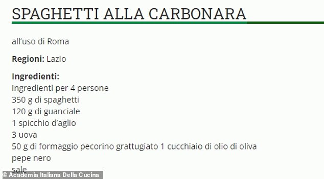 According to the recipe on the authority's website, a carbonara is only truly considered Italian if it uses guanciale – salted pork cheek.