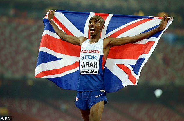 Sir Mo celebrated with a Union Jack flag after winning the men's 10,000 meters at the 2015 World Championships in Beijing