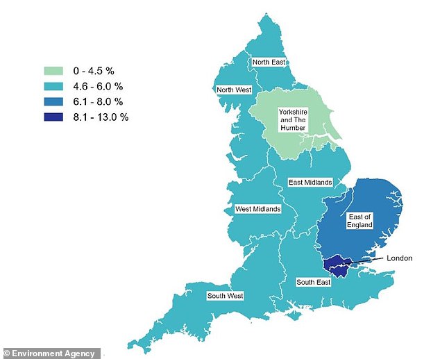 The Environment Agency expects the risk of flooding across the country to increase significantly as a result of climate change. This map shows the percentage of homes in areas with a high or medium risk of flooding by surface water