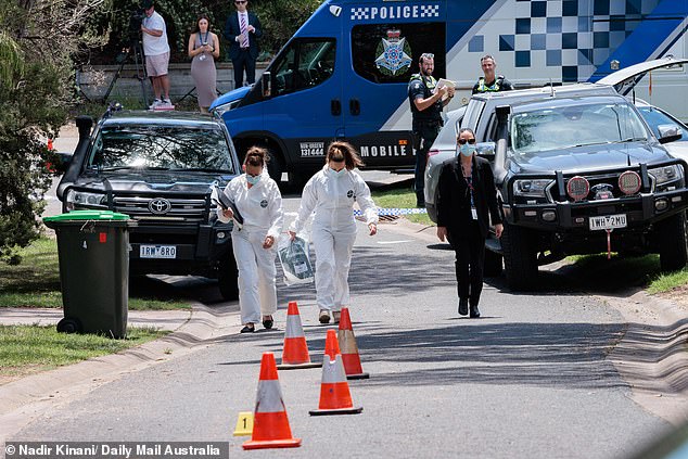 Police and forensic teams were photographed on Parson St, in Rye, on Monday morning