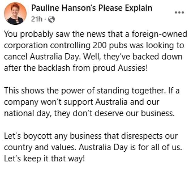 Senator Hanson has uploaded an impassioned social media post (pictured) encouraging people to turn their backs on businesses and venues that don't want to commemorate Australia Day