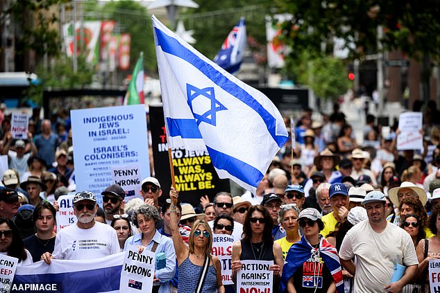 Hundreds of protesters have gathered in Sydney's Martin Place to call on Prime Minister Anthony Albanese to take more action against anti-Semitism (pictured)