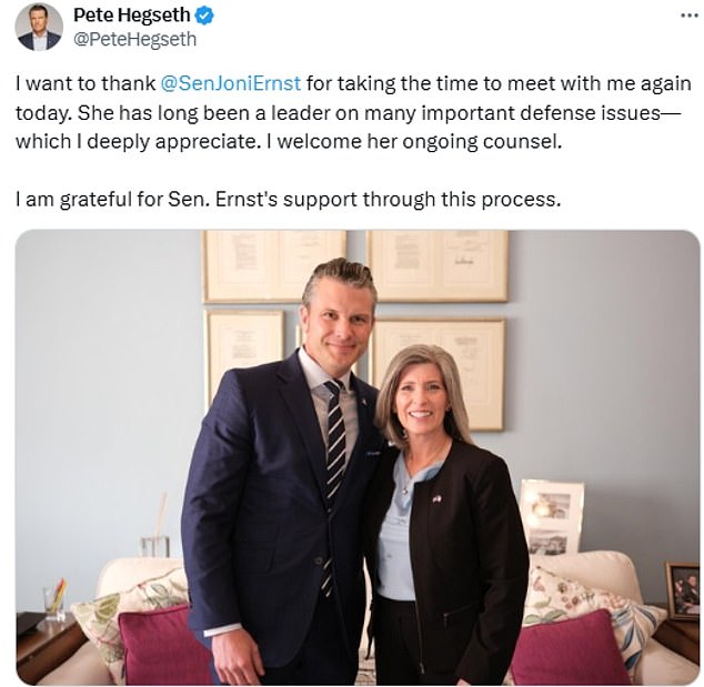 Hegseth posted a smiling photo with Ernst