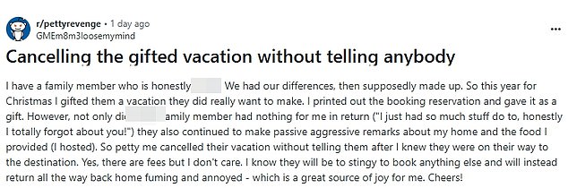 The woman took to Reddit to share her frustration, explaining that she had canceled an expensive holiday she had gifted to a 's***tty' relative after they failed to get her a gift