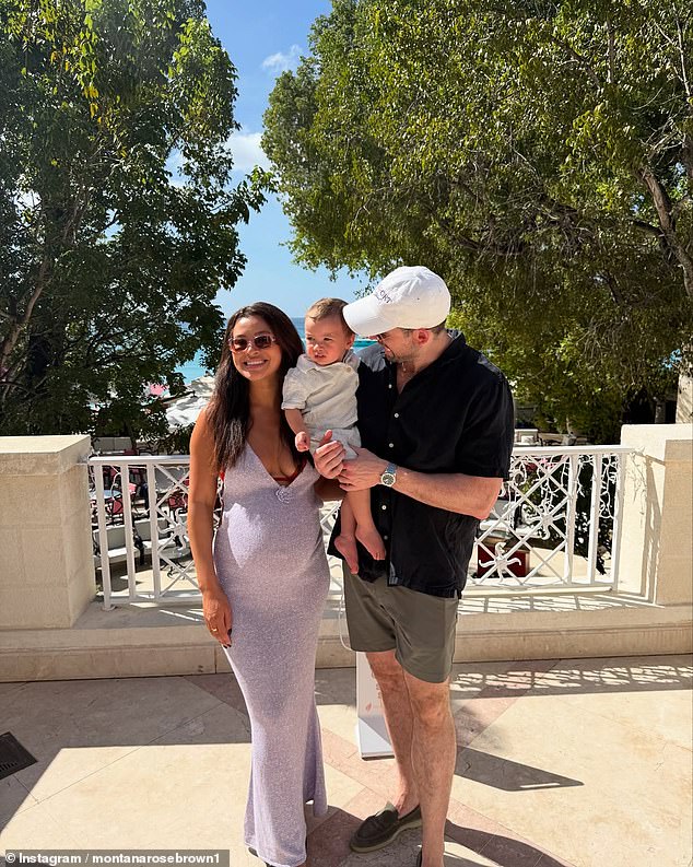 The former Love Island star, 29, who is expecting her second child with fiancé Mark O'Connor, showed off her growing bump in a stylish lilac crochet dress as she took a sweet family photo