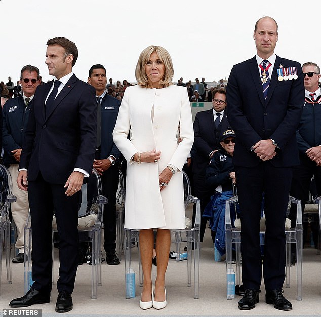 Prince William (right) accepted an invitation from French President Emmanuel Macron (left) to attend the grand reopening of Notre Dame on Saturday. Brigitte Macron, wife of the French president, is pictured at a D-Day event in Normandy on June 6, 2024