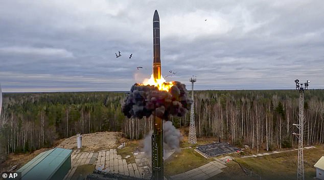 A Yars intercontinental ballistic missile is tested as part of Russian nuclear exercises from a launch site in Plesetsk, northwestern Russia