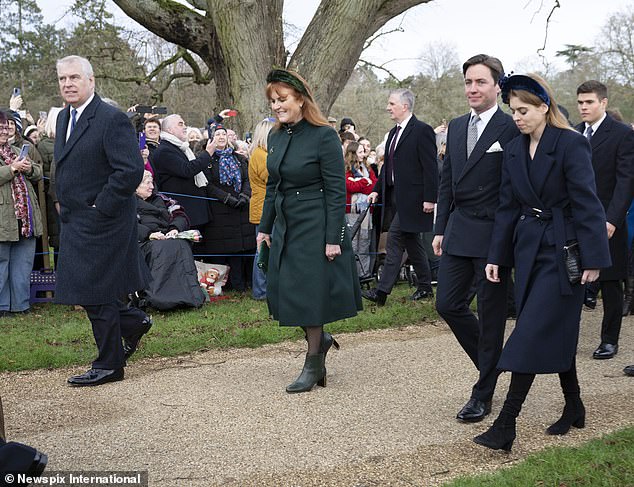 Andrew with Sarah, Beatrice and her husband Edoardo Mozzi at Sandringham last year