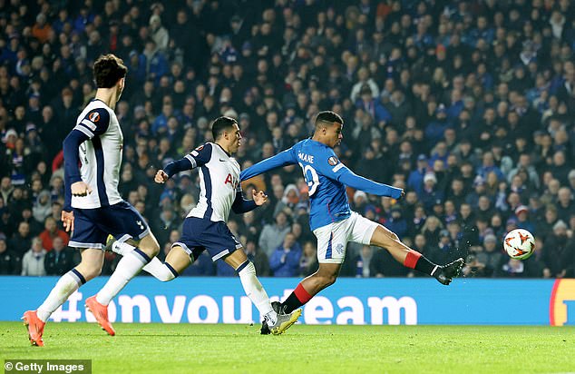 Hamza Igamane scores the opening goal in Rangers' 1-1 draw against Tottenham at Ibrox