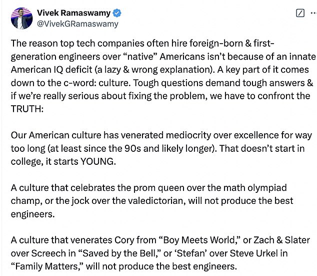 Ramaswamy stoked the controversy with a long and provocative post on X