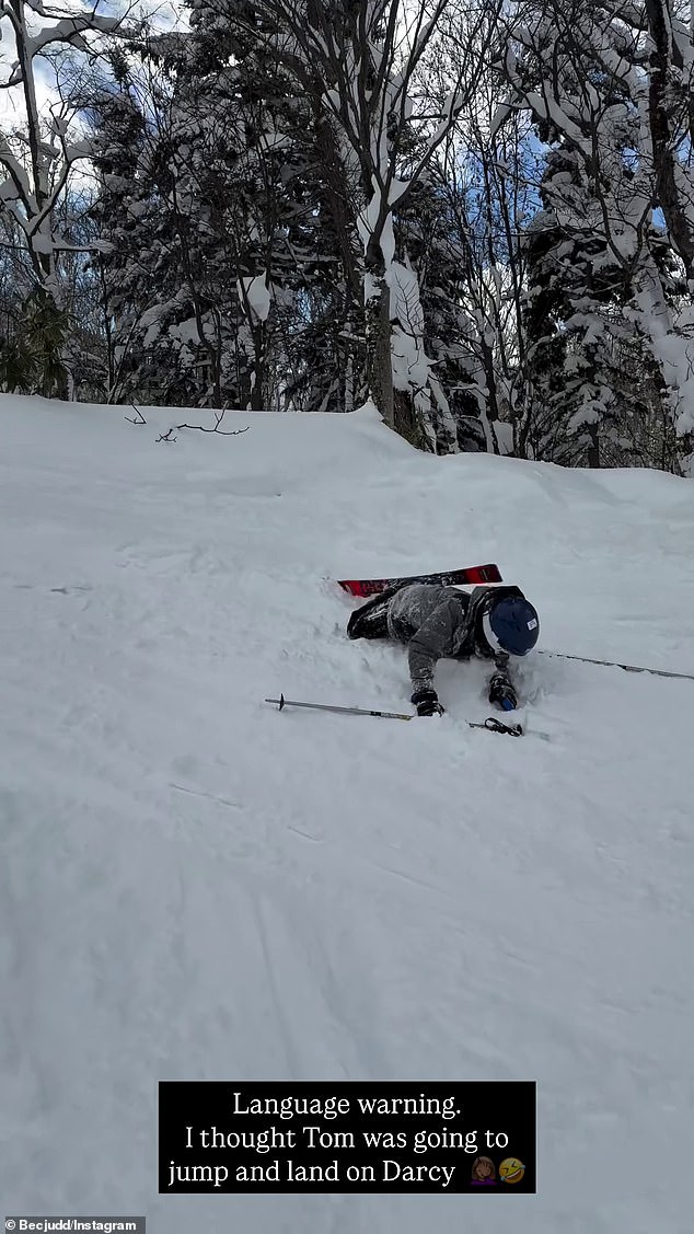 In a post on Instagram Stories, Bec filmed her eight-year-old son Darcy as she climbed the slopes. The young boy slid down a small hill on his skis with expert precision until he lost his balance