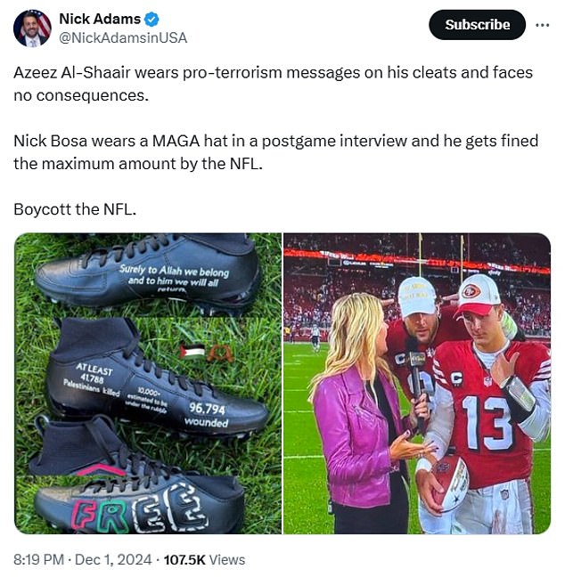 A right-wing commentator has demanded fans 'boycott' the NFL over Azeez Al-Shaair's shoes