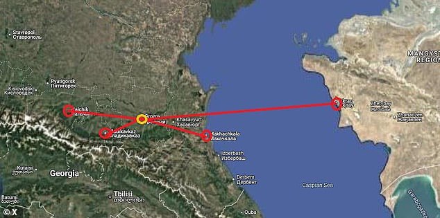 After Russian air defenses hit an Azerbaijani aircraft over Grozny (yellow circle), it requested an emergency landing. Russia refused landings at Nalchik, Vladikavkaz and Makhachkala airports (red circles), but diverted them to Kazakhstan across the Caspian Sea