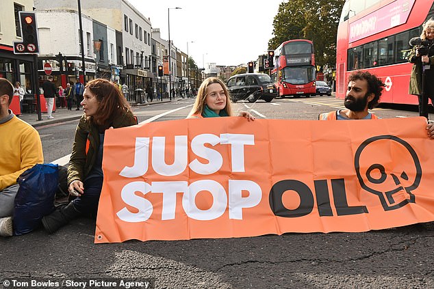 Spy leader Orlin Roussev said his team met with the Just Stop Oil protesters (pictured blocking traffic in Islington in October) to organize the disinformation campaign against Kazakhstan