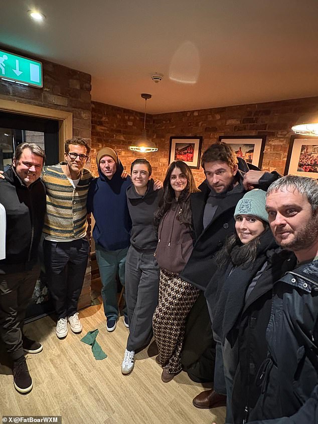 Wrexham chairman Ryan Reynolds was joined by fellow Hollywood star Channing Tatum (third from left) at the Fat Boar pub in Wrexham on Friday evening