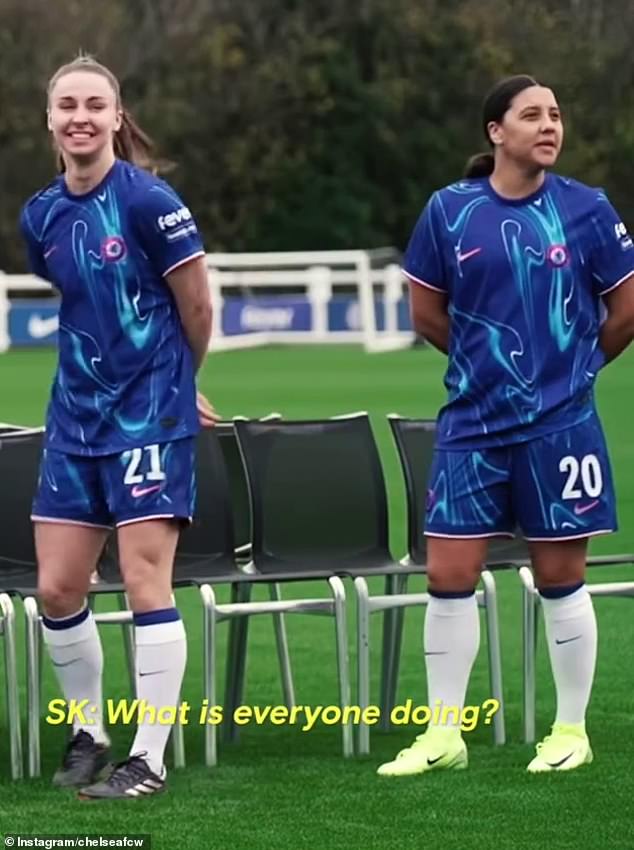 Chelsea's goal machine was all smiles (right) with her teammates ahead of a photoshoot in London