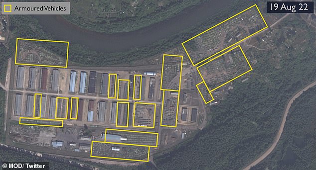 BEFORE: An image provided by the Ministry of Defense shows armored vehicles at a factory in Buy, Russia, in August 2022